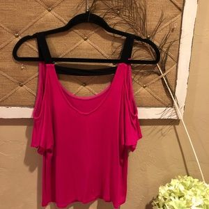 Fuscia Pink and Black Cold Shoulder Top